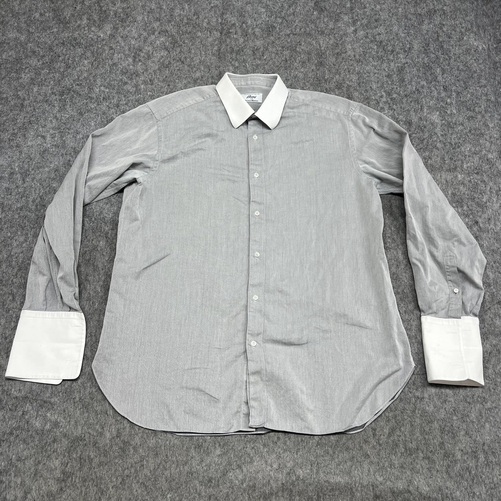 Brioni Shirt Mens L 16.5 Gray Geometric White Collar French Cuff Beragamo Italy